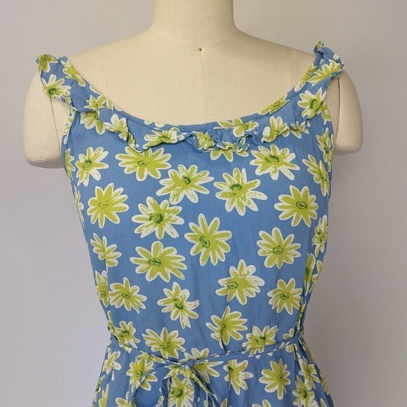 Vintage 90s Floral Print Dress Size S Blue Daisy Ruffle Rayon Grunge 1990s - Picture 2 of 8